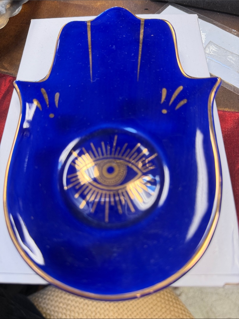 Blue Hamsa Hand Decorative Dish with Gold Eye Accent